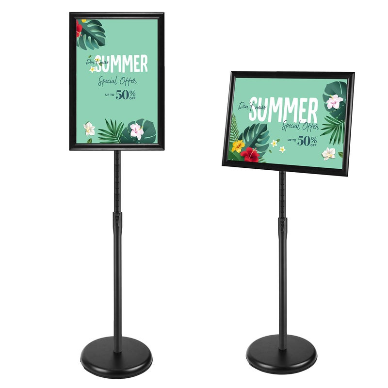 PUJIANG Pedestal Floor Standing Sign Holder 11x17 Inch, Adjustable Poster Sign Stand Aluminum Snap Open Frame for Display Notice/Poster/Advertisement (Black) - Image 1